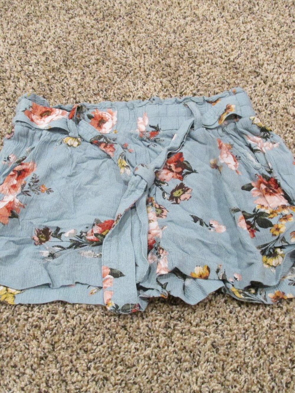 Jolt Pull‎ On Tie Waist Chino Shorts Womens Size XS Blue Pink Floral Elastic